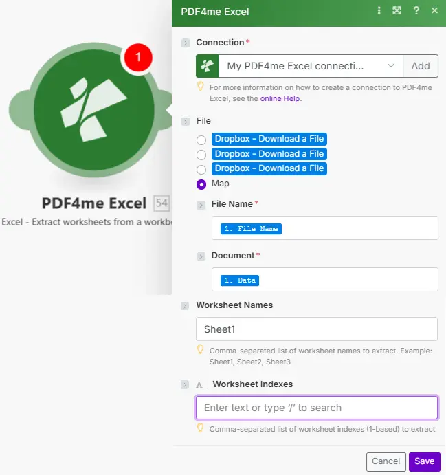Crea il modulo PDF4me Estrai fogli di lavoro da Excel mostrando Connessione, Nome file, Documento binario mappato dal passaggio precedente, il campo Nomi fogli di lavoro impostato su Riepilogo, Vendite e il campo Indici fogli di lavoro lasciato vuoto per selezionare per nome